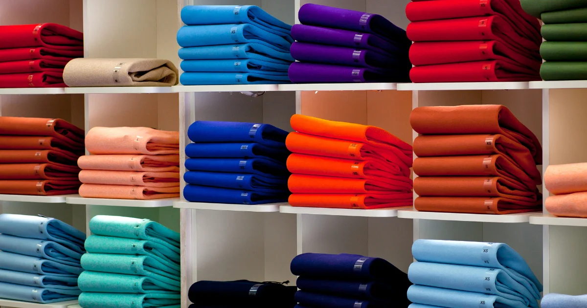 Shelves of folded garments in a clothing brand colour range