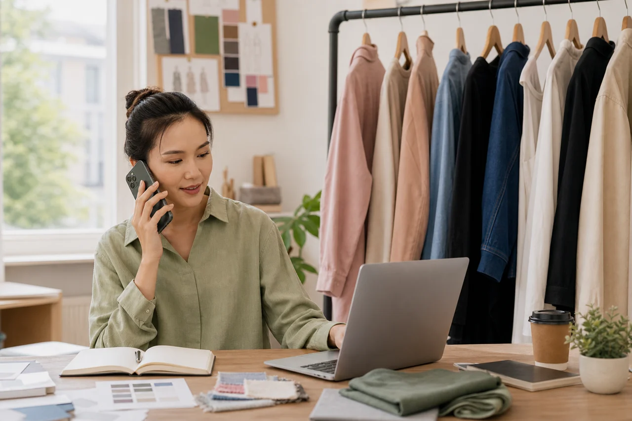 Clothing founder taking a call at her studio desk
