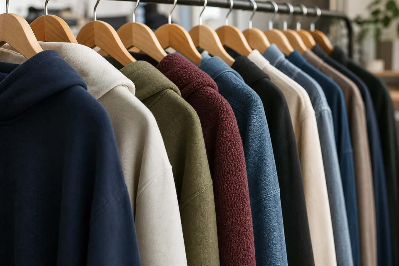 Rail of finished garments in a UK clothing studio